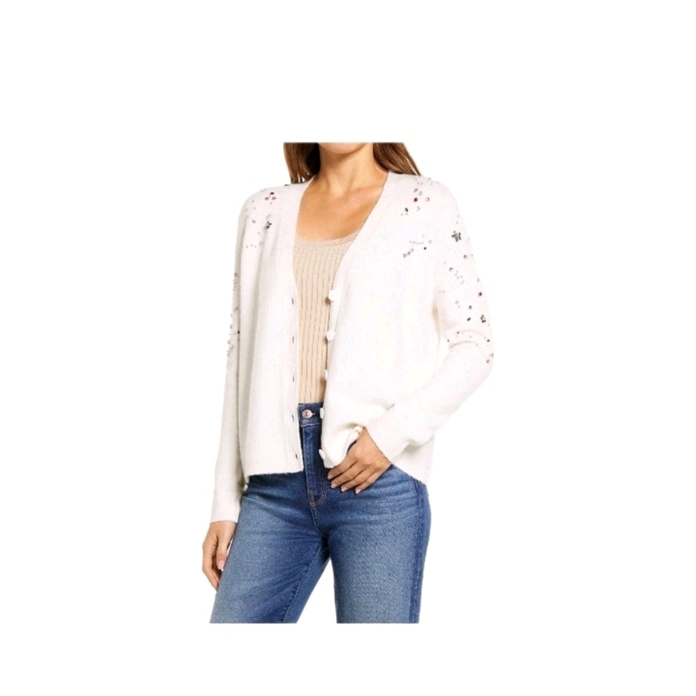 Halogen Ivory Wool Blend Rhinestone Pearl Embellished Cardigan Sweater Women's M